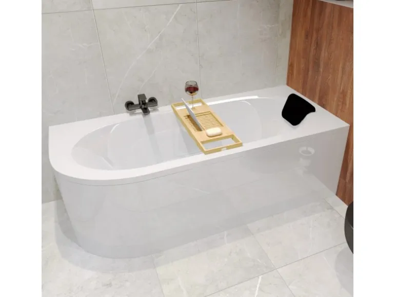Bad Land Badewanne Eckwanne AVITA 170x75 Rechts + Acrylschürze + Bambus Badewannenablage + Kopfstütze KODI Ablauf Füße