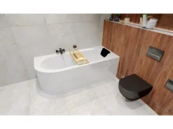 Bad Land Badewanne Eckwanne AVITA 170x75 Rechts + Acrylschürze + Bambus Badewannenablage + Kopfstütze KODI Ablauf Füße