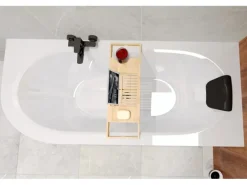 Bad Land Badewanne Eckwanne AVITA 170x75 Rechts + Acrylschürze + Bambus Badewannenablage + Kopfstütze KODI Ablauf Füße