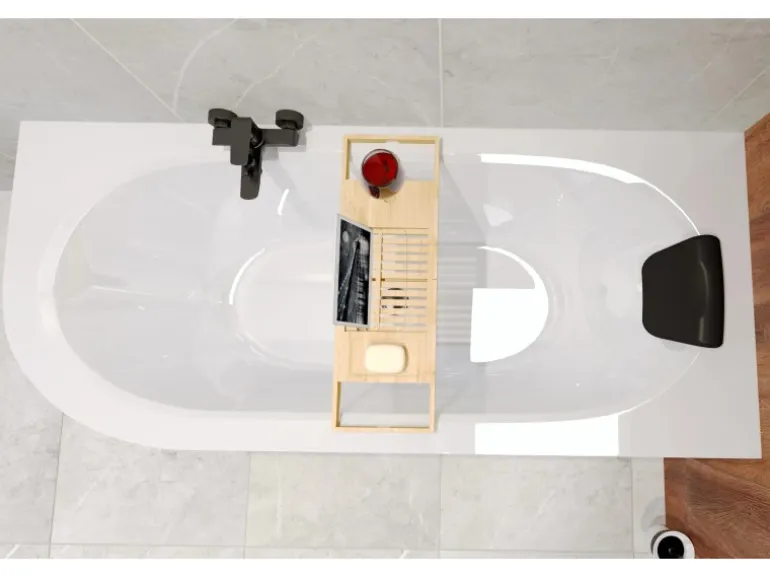 Bad Land Badewanne Eckwanne AVITA 170x75 Rechts + Acrylschürze + Bambus Badewannenablage + Kopfstütze KODI Ablauf Füße