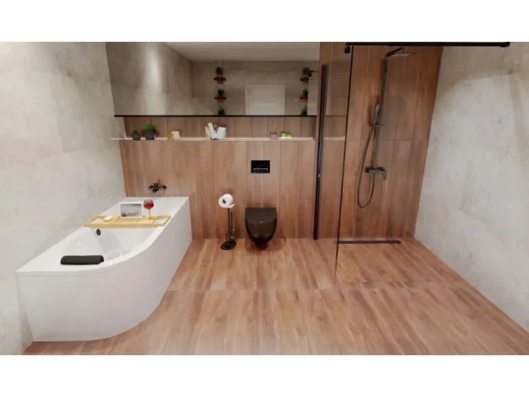 Bad Land Badewanne Eckwanne AVITA 170x75 Rechts + Acrylschürze + Bambus Badewannenablage + Kopfstütze KODI Ablauf Füße