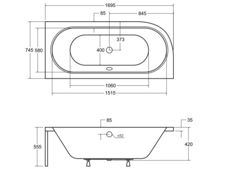 Bad Land Badewanne Eckwanne AVITA 170x75 Rechts + Acrylschürze + Bambus Badewannenablage + Kopfstütze KODI Ablauf Füße