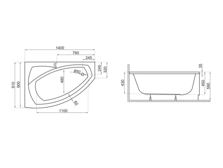 Bad Land Badewanne Eckwanne FRIDA 140x90 Links Mit Styroporverkleidung Ablauf Füße