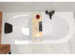 Bad Land Badewanne Eckwanne AVITA 180x80 Links + Acrylschürze + Bambus Badewannenablage + Kopfstütze KODI Ablauf Füße