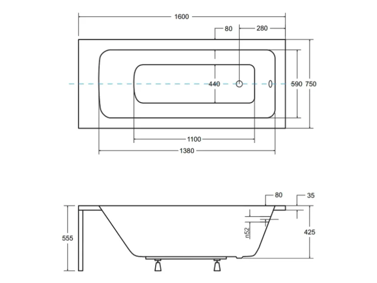 Bad Land Badewanne Rechteck TALIA 160x75 Ablauf Füße