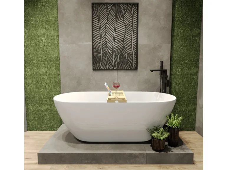 Bad Land Freistehende Badewanne ASGER 170x75 + Bambus Badewannenablage + Ablauf