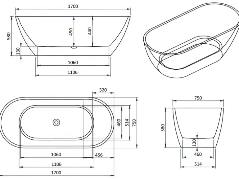 Bad Land Freistehende Badewanne ASGER 170x75 + Bambus Badewannenablage + Ablauf