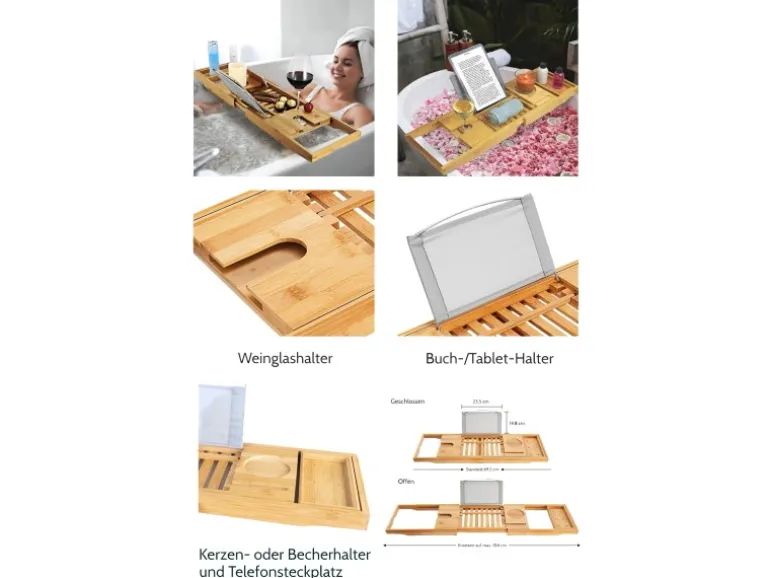 Bad Land Freistehende Badewanne ASGER 170x75 + Bambus Badewannenablage + Ablauf