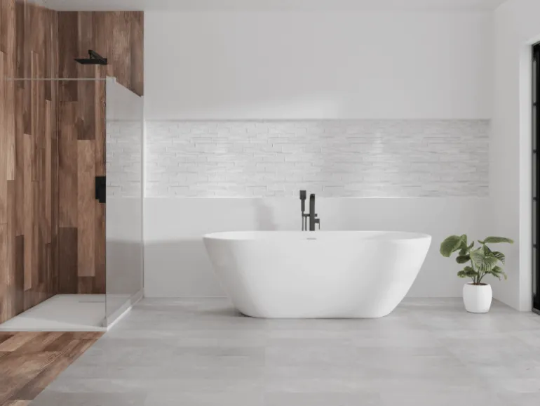 Bad Land Freistehende Badewanne ASGER 170x75 + Bambus Badewannenablage + Ablauf