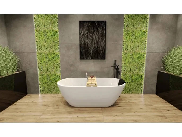 Bad Land Freistehende Badewanne ASGER 170x75 + Bambus Badewannenablage + Ablauf