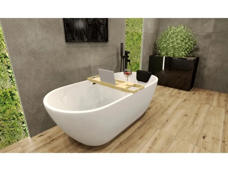 Bad Land Freistehende Badewanne ASGER 170x75 + Bambus Badewannenablage + Ablauf