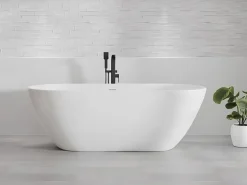 Bad Land Freistehende Badewanne ASGER 170x75 + Bambus Badewannenablage + Ablauf