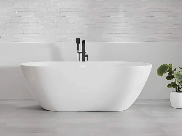 Bad Land Freistehende Badewanne ASGER 170x75 + Bambus Badewannenablage + Ablauf