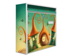 Banjado Briefkasten Weiß 36.2x32.2x10cm Groß / Inkl. Montagematerial & 2 Schlüsseln / Mit Namensschild Motiv Zwergenhausen