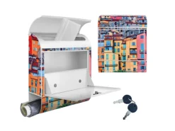 Banjado Design Briefkasten Weiß Pulverbeschichtet 39x47x14cm 2 Schlüssel Mit Zeitungsfach Motiv Häuserberg