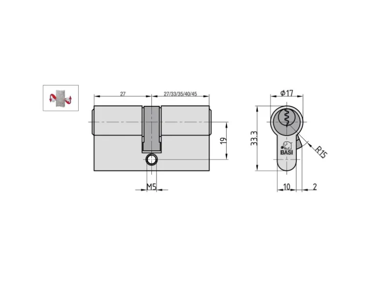 Basi - AS - Profil-Kurzzylinder - 27/40 mm - Verschiedenschließend - Not- und Gefahrenfunktion