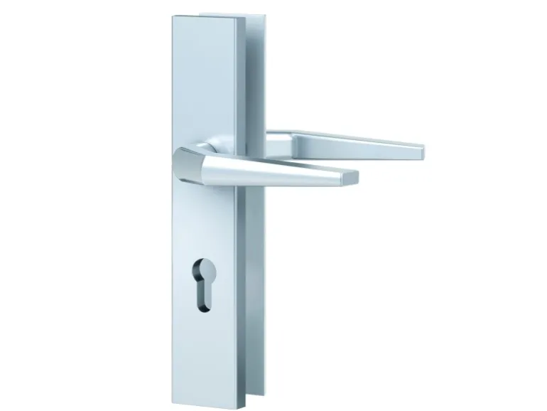 Basi - ES0 - Vollmaterial-Schutzbeschlag - Alu F1 - Drücker-Garnitur - Langschild Eckig - 92-10 mm - PZ - 7910-0201