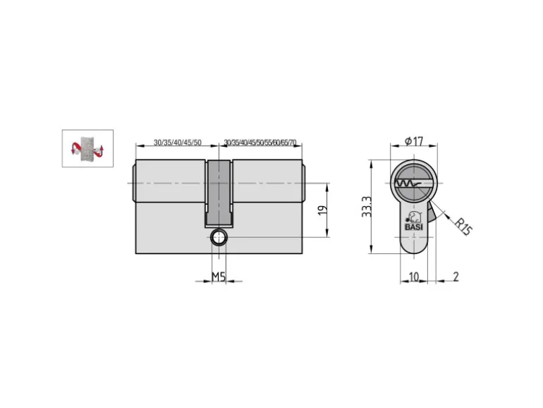 Basi - V55 - Profil-Doppelzylinder - 35/50 mm - Gleichschließend - Not- und Gefahrenfunktion