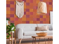 Bricoflor Retro Tapete in Orange Lila Pink Bunte Vliestapete in Fliesenoptik für Küche Kachel Wandtapete mit Keramik Design als Küchentapete