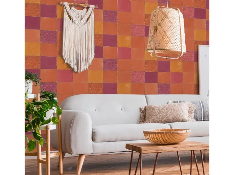 Bricoflor Retro Tapete in Orange Lila Pink Bunte Vliestapete in Fliesenoptik für Küche Kachel Wandtapete mit Keramik Design als Küchentapete