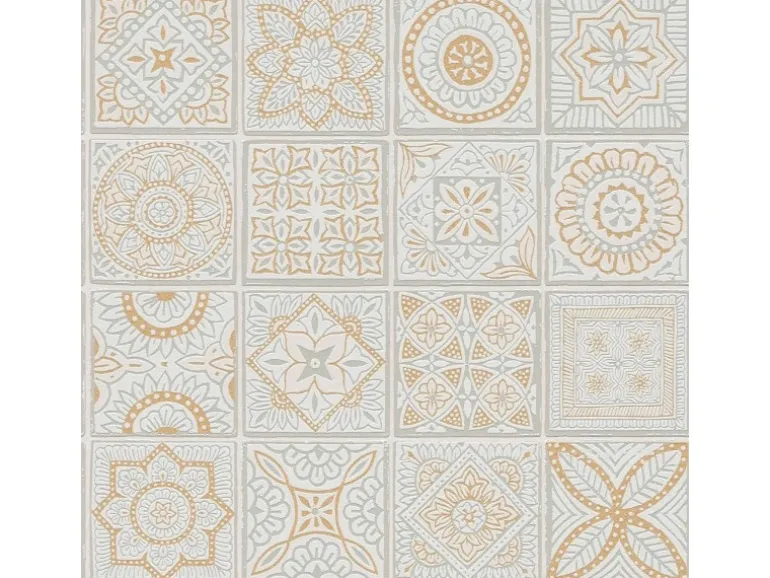 Bricoflor Tapete in Vintage Fliesenoptik Ideal für Küche und Schlafzimmer Fliesen Vliestapete in Weiß Gold Silber Orientalisch