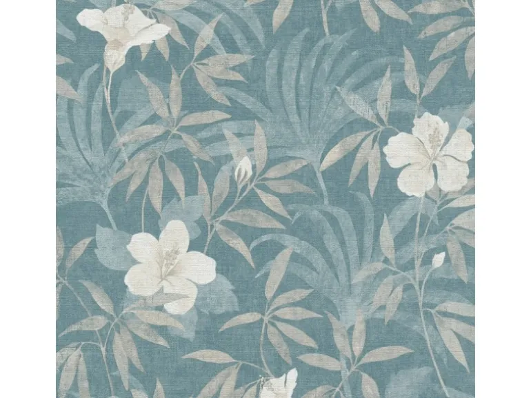 Bricoflor Tropical Tapete Floral Hibiskus Vliestapete mit Tropische Blätter Muster in Grau Blau Dschungel Wandtapete aus Vlies und Vinyl