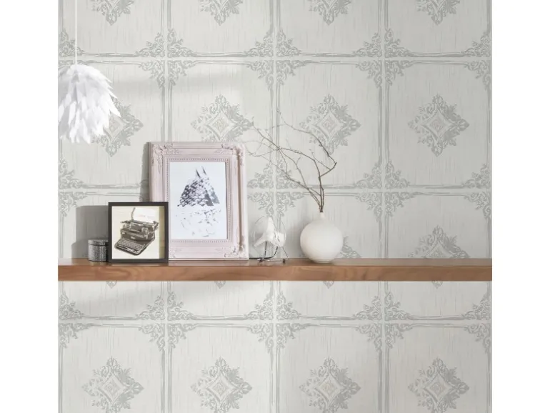 Bricoflor Vintage Tapete in Fliesenoptik Elegante Vlies Textiltapete mit Fliesen Design in Weiß Grau Textil Vliestapete in Kachel Optik für Esszimmer