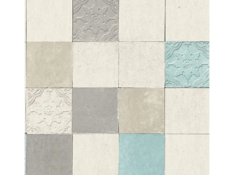 Bricoflor Vintage Tapete in Fliesenoptik Kachel Vliestapete Weiß Grau Blau für Küche und Schlafzimmer Shabby Wandtapete mit Fliesen Design