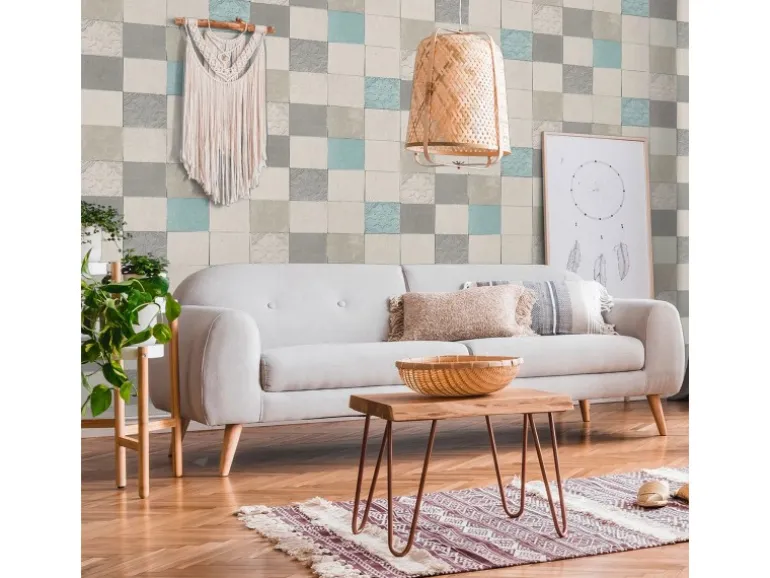 Bricoflor Vintage Tapete in Fliesenoptik Kachel Vliestapete Weiß Grau Blau für Küche und Schlafzimmer Shabby Wandtapete mit Fliesen Design