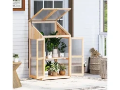 Costway Gewächshaus 2 Etagen Frühbeet Holz & PC 69 x 58 x 121 cm Natur