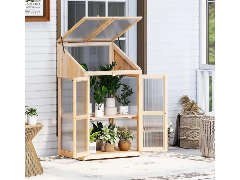Costway Gewächshaus 2 Etagen Frühbeet Holz & PC 69 x 58 x 121 cm Natur
