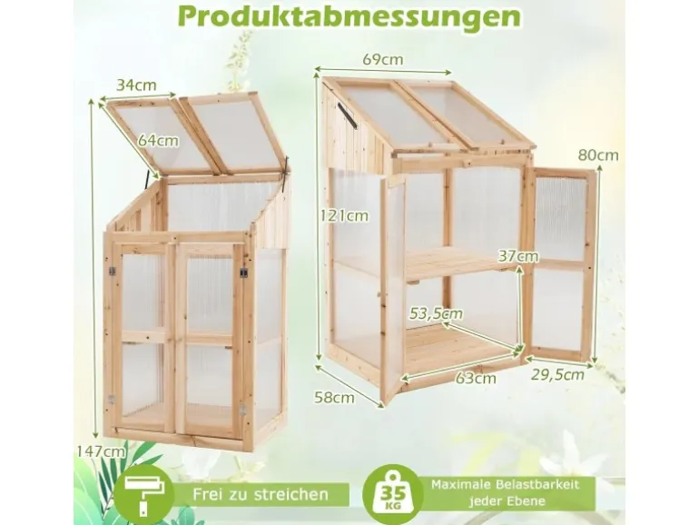 Costway Gewächshaus 2 Etagen Frühbeet Holz & PC 69 x 58 x 121 cm Natur