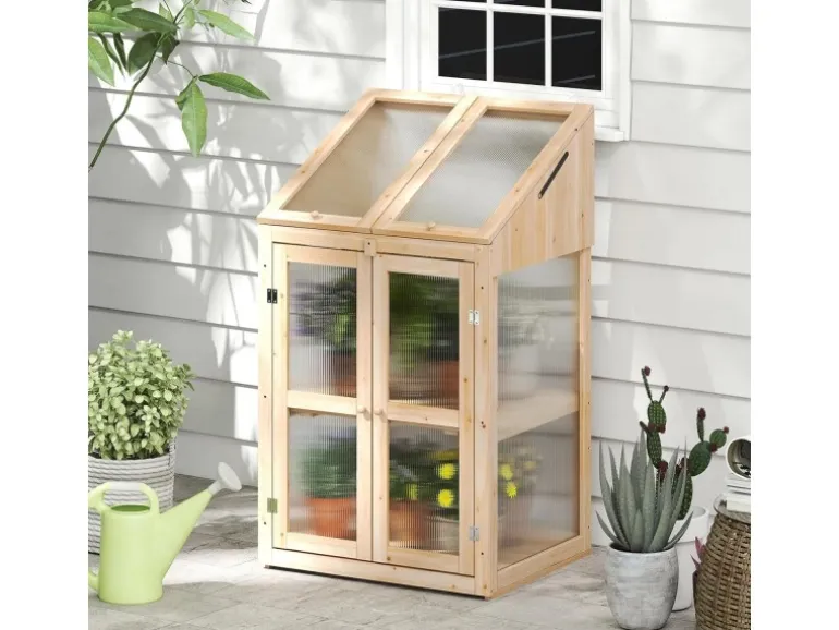 Costway Gewächshaus 2 Etagen Frühbeet Holz & PC 69 x 58 x 121 cm Natur