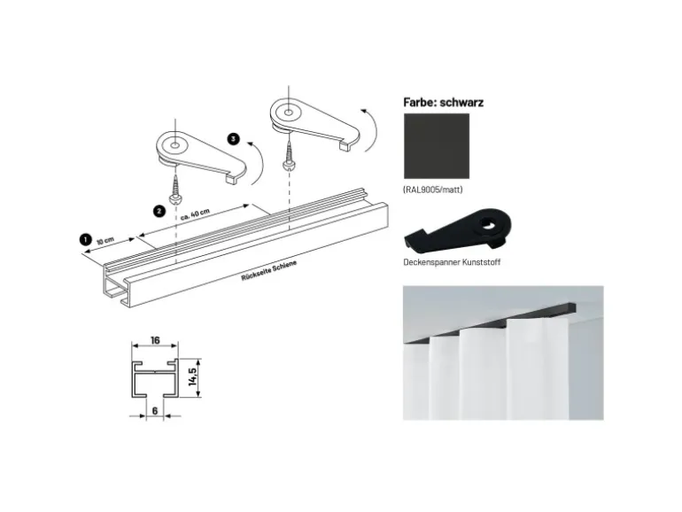 Deco-Raum Gardinenschiene nach Maß 1-Lauf Square Schwarz 60cm