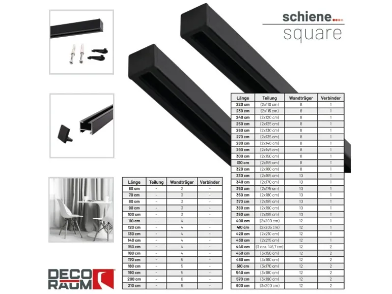 Deco-Raum Gardinenschiene nach Maß 1-Lauf Square Schwarz 60cm