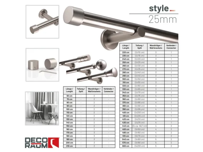 Deco-Raum Gardinenstange nach Maß 1-Lauf Kappe Ø 25mm Edelstahl-optik 220cm