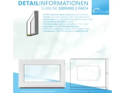 Framelux Kunststofffenster Slimline Weiß 2-Fach Verglasung 500 x 400 mm Rechtsanschlag