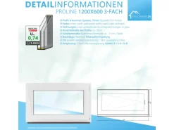 Framelux Kunststofffenster Proline Weiß 3-Fach Verglasung 1200 x 600 mm Rechtsanschlag