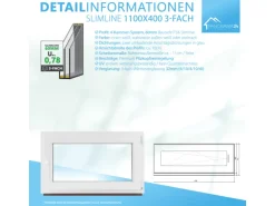 Framelux Kunststofffenster Slimline Weiß 3-Fach Verglasung 1100 x 400 mm Linksanschlag