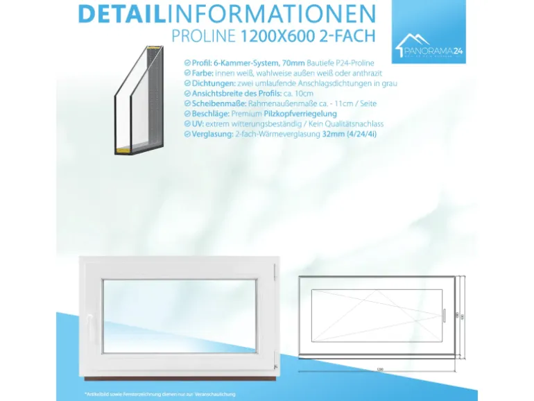 Framelux Kunststofffenster Proline Weiß 2-Fach Verglasung 1200 x 600 mm Linksanschlag