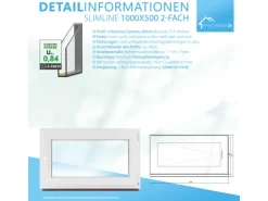 Framelux Kunststofffenster Slimline Anthrazit 2-Fach Verglasung 1000 x 500 mm Linksanschlag