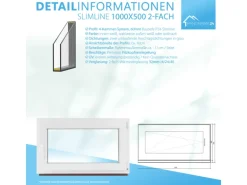 Framelux Kunststofffenster Slimline Weiß 2-Fach Verglasung 1000 x 500 mm Linksanschlag