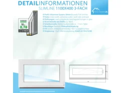 Framelux Kunststofffenster Slimline Weiß 3-Fach Verglasung 1100 x 400 mm Rechtsanschlag