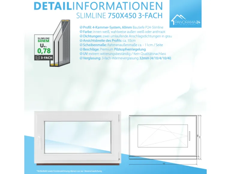 Framelux Kunststofffenster Slimline Anthrazit 3-Fach Verglasung 750 x 450 mm Linksanschlag