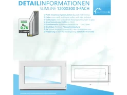 Framelux Kunststofffenster Slimline Weiß 3-Fach Verglasung 1200 x 500 mm Rechtsanschlag