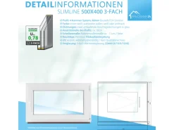 Framelux Kunststofffenster Slimline Weiß 3-Fach Verglasung 500 x 400 mm Rechtsanschlag