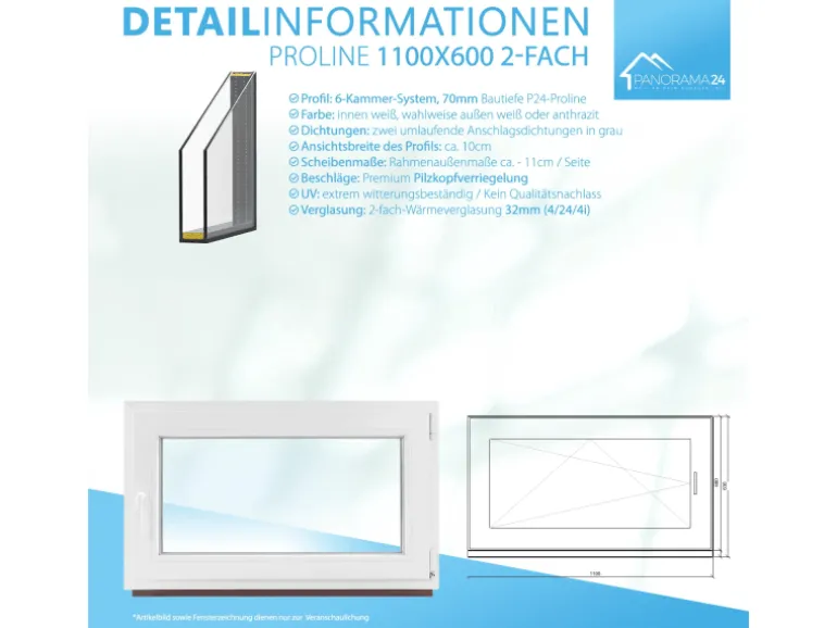 Framelux Kunststofffenster Proline Weiß 2-Fach Verglasung 1100 x 600 mm Linksanschlag