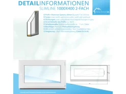 Framelux Kunststofffenster Slimline Weiß 2-Fach Verglasung 1000 x 400 mm Linksanschlag
