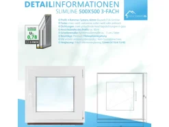 Framelux Kunststofffenster Slimline Anthrazit 3-Fach Verglasung 500 x 500 mm Rechtsanschlag