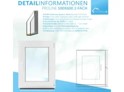 Framelux Kunststofffenster Proline Weiß 2-Fach Verglasung 500 x 600 mm Rechtsanschlag